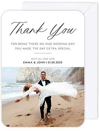 Andaz Press Personalized 5x7-Inch Photo Wedding Thank You Cards with Envelopes, All Our Love Wedding Thank You Card with Message, Custom Photo, Name, and Date, 24-Pack