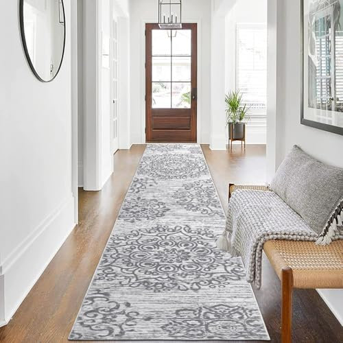 SHACOS Boho Läufer Teppich 60x300 cm Waschbar Teppichläufer rutschfest Langer Flur Teppich Läufer für Eingang, Küche, Schlafzimmer, Wohnzimmer, Grau