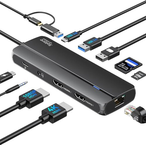 Docking Station Dual HDMI Splitter Extended Display for macOS, 10 in 1 USB C Docking Station Dual Monitor with 2 HDMI, USB C/A 3.0, PD 100W, Ethernet, Audio Mic for M1 M2 MacBook Pro/Air/Windows