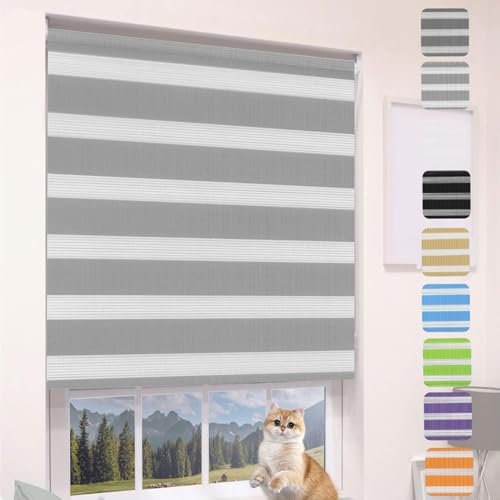 Verdunkelungsrollo Klemmfix 35 x 340 cm Hitzeschutz Energiesparend Fensterrollo Zebrarollo Seitenzugrollo Einfache Installation für Fenster und Tür, Hellgrau