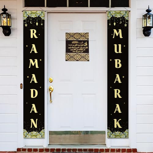 COLOFALLA Ramadan Banner Schwarz Gold 30 x 180 cm Polyester Wiederverwendbar Ramadan Deko Tür Wand Fenster Kamin Garten Veranda Hof Islamische Feiern Muslim Party Deko
