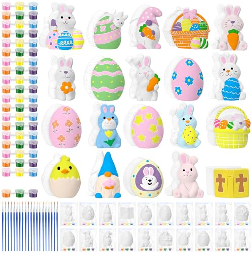 VercanMonth 20 Set Easter DIY Painting Kit Ceramic to Paint Your Own Easter Egg Rabbit Flower Basket Chick Statues Unpainted Plaster Figurines Brushes Acrylic Paints Bags Party Favor for Kids
