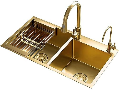 Küchenutensilien Goldene Küchenspüle aus Edelstahl, Barspüle mit Wasseraufbereitungshahn, großes Doppelwaschbecken für Gemüse Küchenspüle