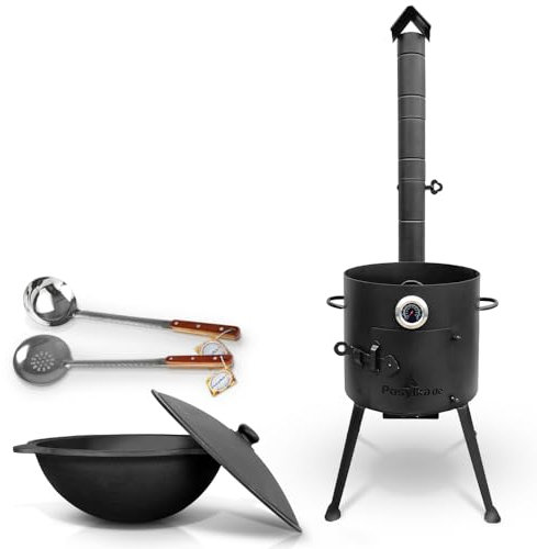 ZARENHOFF Set - Uzbeko Hierro fundido Kazan 10 L base redonda, tapa de aluminio fundido espumadera para Plov, cucharón, termómetro (294)