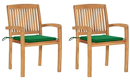 CKioict Stapelstuhl Bistrostuhl Balkonmöbel Gartenstühle 2 STK. mit Grünen Kissen Massivholz Teakfür Gärten, Pools, Terrassen