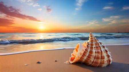 Acryl-Bild 130 x 70 cm: Muschel am Strand bei Sonnenuntergang. Urlaubskonzept. (208971913)