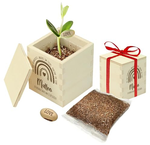 Casa Vivente Zauberbohne als Taufgeschenk, Personalisierte Gravur mit Name und Taufdatum, Pflanze mit Botschaft Love, Anzuchtset in Gravierter Holzbox zur Taufe