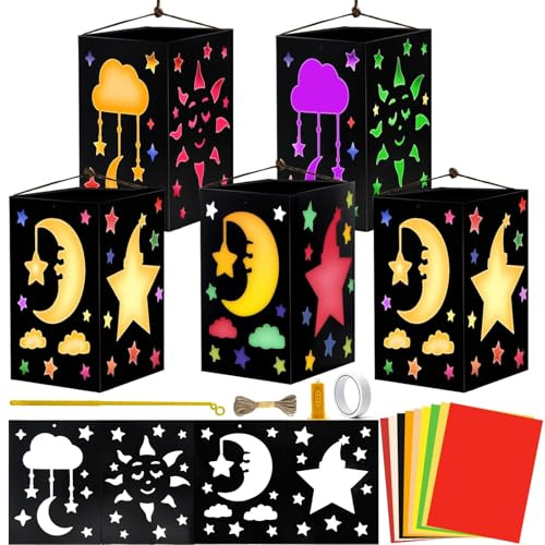 5 Stücke Laternen Bastelset Sterne, St Martin Laterne Bastelset 19*14*14cm | Sankt Martinszüge Laternenumzug, Enthält Farbiges Papier, Kleines Gelbe Lichter, Hanfseil und doppelseitiges Klebeband