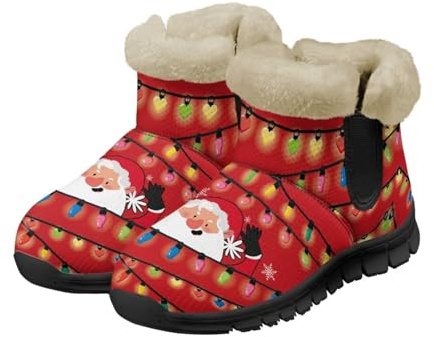 xixirimido Christmas Light Print Snow Boots for Women Water Resistant Comfortable Winter Ankle Boot with Warm Fur Lined Santa Claus Anti-Slip Slip On Outdoor Hiking Booties Shoes