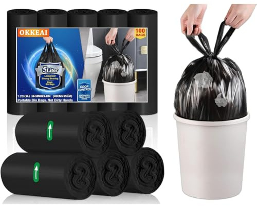 OKKEAI 100 kleine Müllbeutel mit Griff – Müllbeutel 5 l (40 x 45 cm) schwarz, robuste Müllbeutel | reißfeste und wasserdichte Müllsäcke für Küche, Bad