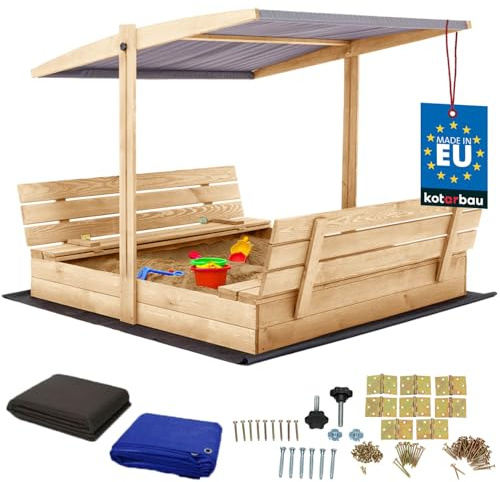 KOTARBAU® Sandlåda i Trä - 140 x 140 cm - Naturlig - Sandlåda med Lock - Bänkar - för Barn Utomhus - med Grått Tak - med Solskydd och Markduk