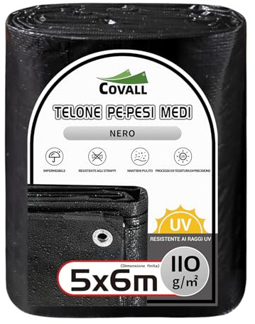 COVALL Tarpaulin 5x6m Medium-Duty Tarp 110GSM waterproof Groundsheet for camping UV-Resistant Tent outdoor covers Pool Roof Sandbox Boats Truck RV Car tarp (Black)