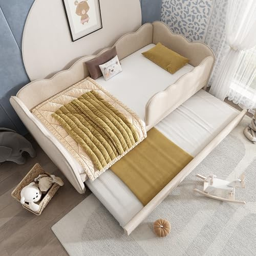 3ft Single Upholstered Daybed with Pull out Trundle Bed & Safety Guardrail & Wooden Slats, Children Kids Junior Bed Frame Sofa Beds Guest Beds for Girls Boys, Linen, Beige, No Mattress, 90x190 cm