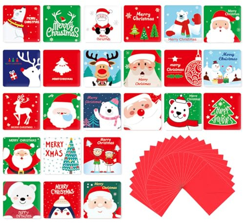 Weihnachtskarten mit Umschlag Set 24 Stück, 7x7cm Klappkarten Weihnachten, Leere Weihnachtsgrußkarten zum Schreiben, Christmas Card, Weihnachtskarte Postkarten