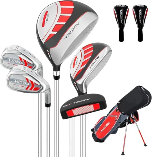 XDriveMax 5 Pieces Kids Golf Club Set, Junior Golf Club Set Ages 5-8 Includes Stand Bag, 5# Hybrid, 6/7#, 9/P# Irons and Putter Right Hand for Boys Girls,Red