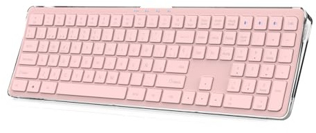 Zienstar Teclado Curvado Ergonómico con Base Transparente,Español,Recargable,Multidispositivo (Bluetooth Y Inalámbrico USB),Clic Silencioso-Rosa