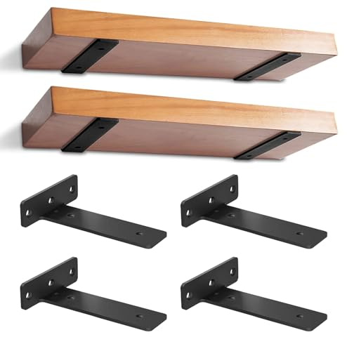 4 Pièces Supports D'Étagère Flottants, Equerre Charge Lourde Avec Vis Et Ancrages Assortis, Equerre Etagere Murale Métal pour Salon | Bureau | Cuisine (Noir, 25 cm)