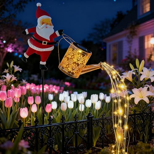 Christmas Solar Kettle Lights - Outdoor Santa Watering Can with Colorful/Warm LED, Waterproof Metal, Auto On/Off, Garden Lawn Decor (Warm Lights)