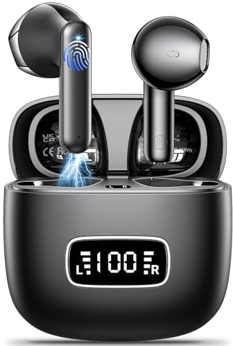 Ecouteurs Bluetooth sans Fil, Godyse Écouteurs sans Fil 5.4 avec 4 ENC Réduction Antibruit Mic Écran LED 42H Durée HiFi Stéréo IPX6 Étanche Casque Contrôle Tactile pour iOS Android Noir, Sport/Travail