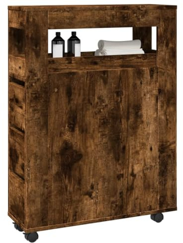 Owoxanthellate Schmaler Badschrank mit Rollen Räuchereiche 65x23x90 cm Holzwerkstoff Hochschrank mit Schubladen leicht beweglich als Putzschrank für Bad Küche Flur