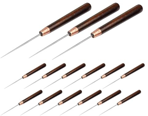 Hohopeti 15 Pezzi Set 15 Pezzi Punteruoli da Cucito in Legno con Manico Sottile Ergonomico, Strumento Portatile per Punzonatura Artigianale di Pelle e Legno, Utensile Manuale per Lavori di