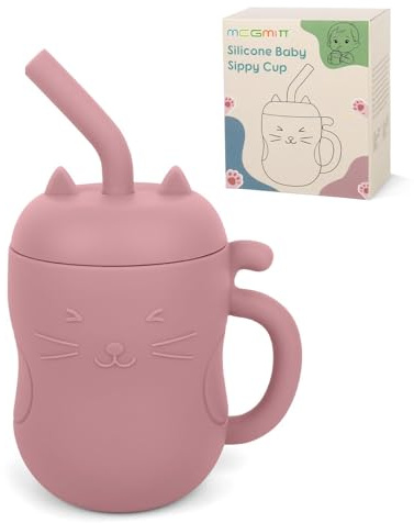 MCGMITT Baby Trinklernbecher Silikon Katze, 2-in-1 - Kinderbecher mit Strohhalm offenem Rand Auslaufsicher Kinderbecher mit einem Henkel abnehmbarem Deckel BPA-frei Training Cup ab 10 M+, Dunkelrosa