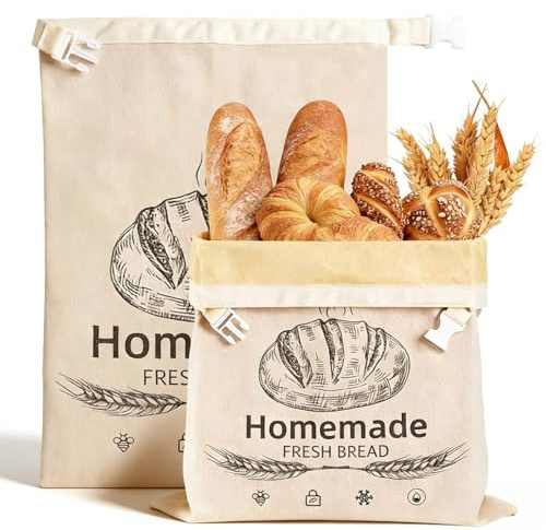 Beeswax Bread Bag, 1 Pack Bread Bag for Homemade Bread Reusable Toaster Bag with Clips Large Capacity Cotton Linen Storage Pounch Food Grade Bakery Basket for Sourdough & Fresh Breads | Buckle Closure
