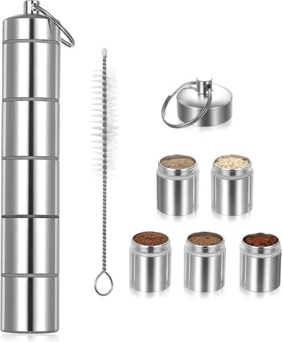 5-in-1 Travel Salt and Pepper Sets, Small Salt and Pepper Set, Portable 5-in-1 Camping Spice Shaker Seasoning for Camping Outdoor BBQ Picnic Restaurant Travel Spice Jars Kit, with Brush