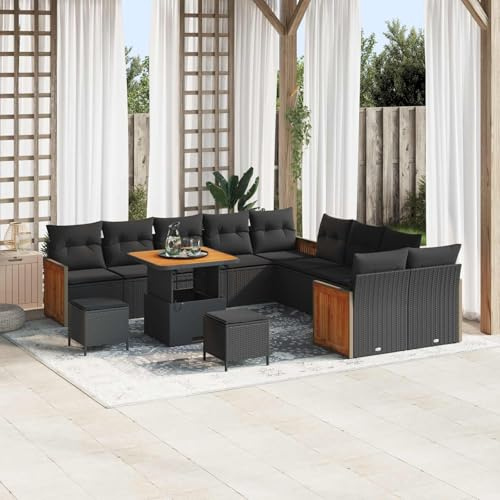 Keeushr Set di 17 divani da giardino modulari in rattan sintetico resistente con cuscini resistenti alle intemperie e struttura in legno di acacia per gruppi di seduta flessibili da esterni