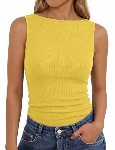 Aottori Camiseta Sin Mangas Mujer Verano Top Canalé Ajustado Camisola Básica Elástica Cuello Barco Liso Slim Fit Vest Amarillo L