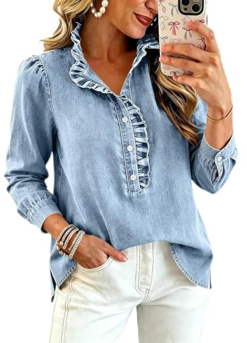 Långärmad jeans-topp för kvinnor med volangkrage och knappslå | Mjuk Chambray-skjorta av Tencel-Lyocell med volangkrage, volangknappslå och ballongärmar – perfekt för vardagen