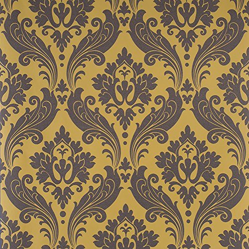 Vintage Flock Ochre Black / Yellow Wallpaper