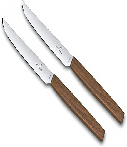 Victorinox Swiss Modern, Profi Steakmesser-Set, 2-teilig, Extra Scharfe Klinge, gerader Schliff, 12 cm, Holzgriff, Rostfreier Stahl, braun