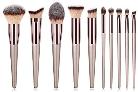 VOANZO Lot de 10 pinceaux de Maquillage, pinceaux de Maquillage synthétiques de qualité supérieure Champagne Gold Brushes pour Fond de Teint Blush Concealer Fard à paupières