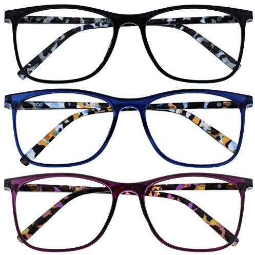 OPULIZE Arc Gafas de Lectura Pack de 3 Montura Cuadrada Estilizada Negra Azul Morado Varillas Translúcidas con Dibujos Lentes Resistentes a Arañazos Bisagras de Muelle Hombre Mujer RRR66-135 +3.00