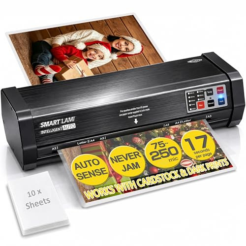 SINCHI Auto Sense A3 Laminator | 75–250 Micron, 4-Roller | 50s Warm-Up, 18s/Page | Never Jam, Heavy Duty | Thick Paper & Dark Print Compatible | Includes 10 Pouches | for Office & Education