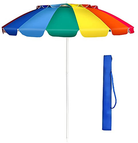 GIANTEX 243 cm Sonnenschirm, Strandschirm mit Verankerung, stabiler Gartenschirm Terrassenschirm, Marktschirm mit Schutzhülle, Schirm rund Sonnenschutz UV50+ (Bunt)