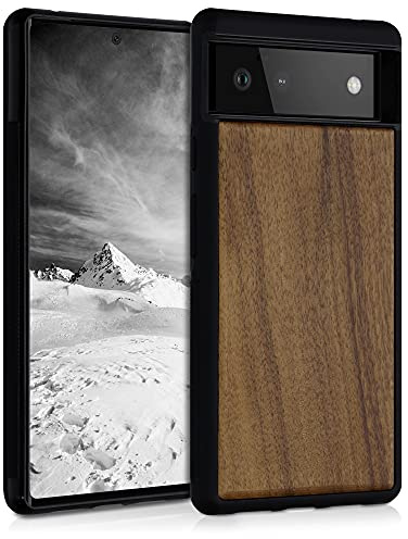 kwmobile Housse Compatible avec Google Pixel 6 Coque - Étui de Protection Rigide en Bois avec Cadre en TPU - Brun foncé Bois