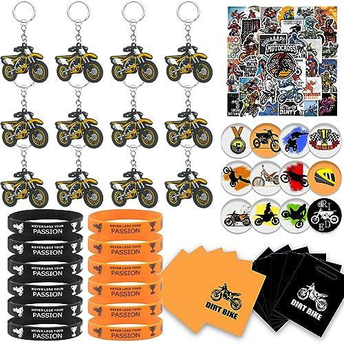 BANBALLON 98 PCS Dirt Bike Party Favor Dirt Bike Key Chains Silicone Wristband Stickers Goodie Bags Button Badges For Dirt Bike Party Club Gift Boy Man’s birthday party Supplies
