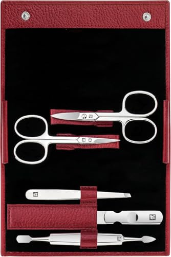 ZWILLING Manucure kit (5 pièces, soin des ongles et pédicure avec étui en cuir véritable avec ciseaux à ongles et ciseaux à cuticules), Acier inoxydable poli, Rouge