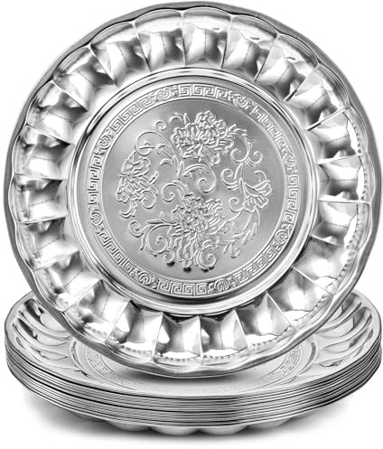 DEAYOU 12 Pack Stainless Steel Round Plates, 12 Large Dinner Plate for Eating, Kids, Vintage Feeding Serving Camping Plate Dish for Fruit, BBQ, Flower Pattern