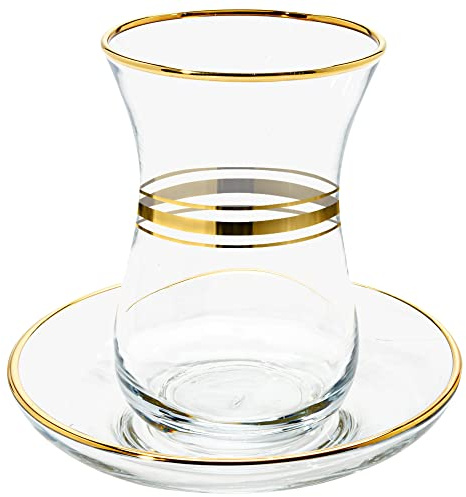 Vikko Verres à thé turcs et soucoupes : tasses à thé turques de 118 ml – Service à thé turc en verre pour six – Tasse à thé en verre – Tasses à thé et soucoupes en verre transparent – Service à thé