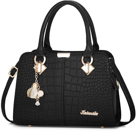 FORRICA Bolsos de Mujer Bolso de Mano Elegante Bolso Tote con Colgante Exquisito Señora Cuero PU Bolso Bandolera para Trabajar Compras Negro B