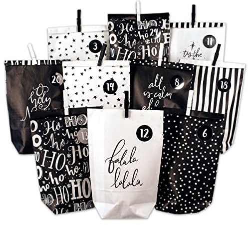 Papierdrachen Adventskalender 2025 zum Befüllen - 24 schwarze & weiße Geschenktüten mit silbernen Zahlenaufklebern und Klammern - DIY Weihnachten