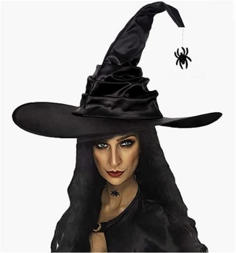 Hexenhut Halloween Hexenmütze mit Spinne Fledermaus Spitzhut Hexe Zauberer Hexenkostüm Verformbar Spitzmütze Hexenmeister Zauberhut Witch Hut Cosplay Party Hexenaccessoire Kinder Erwachsene