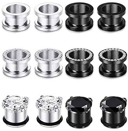 KnBoB Double Flared Tunnel, 12 STK Edelstahl Silber Schwarz Creolen mit Zirkonia Flesh Tunnel für Herren Damen Ohr Tunnel