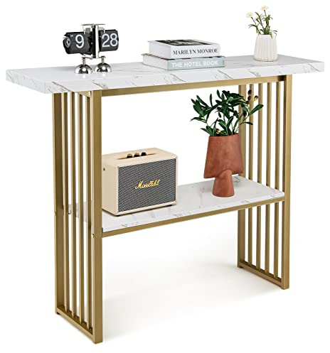 COSTWAY Table Console Marbre à 2 Niveaux Scandinave, Meuble d'Entrée Doré Cadre en Métal, Console Meuble pour Entrée, Salon, Chambre, Doré (Blanc marbre)