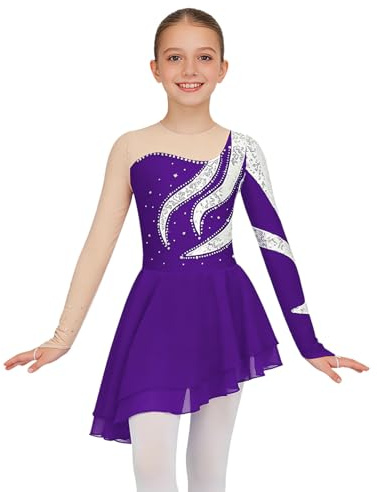 Runhomal Mädchen Langarm Eiskunstlauf-Kleid Pailletten Tanzkleid Skaterkleid Rundhals Ballettkleid Ballettkleidung Turnbody Balletttrikot mit Chiffon Tanzrock