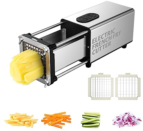 SIXRARI Electric French Fry Cutter, 1/2 & 3/8 Inch Interchangeable Stainless Steel Blades Automatic Potato Cutter, Commercial & Household Potato Slicer, Use for Potatoes Onion Cucumbers