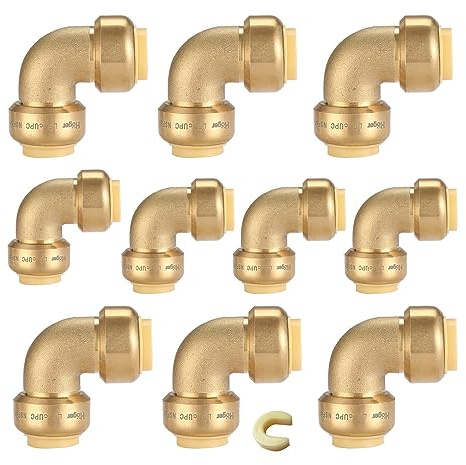 GUOFIS 1/2 90-Degree Pushfit Elbow,10 Pack Push-fit Elbows with 1 Pack Disconnect Clip, Push-to-Connect Plumbing Fittings for PEX, Copper, CPVC(PF045)